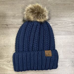 C.C Thick Knit Womens Fuzzy Pom Fleece Lined Skull Cap Beanie Navy Blue